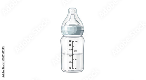 A clear baby bottle with measurement markings and a nipple, used for feeding infants.