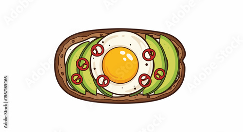 Whimsical illustration of avocado toast with a fried egg and chili slices