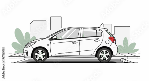 White hatchback parked on a sidewalk with abstract buildings and plants