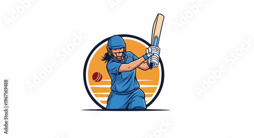 Woman cricket player swinging bat against a sunset backdrop