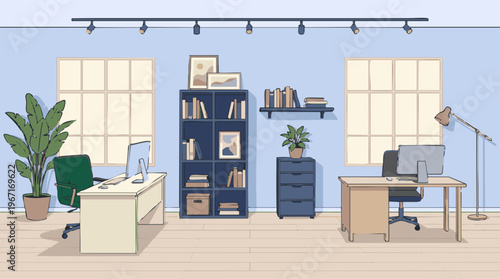 Modern office interior with two desks, computers, and bookshelves