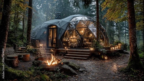 Cozy Geodesic Dome Cabin Surrounded by Autumn Forest Scenery
