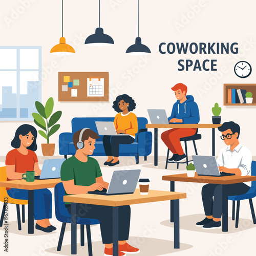 Coworking Space People Working In Garden Using Headset