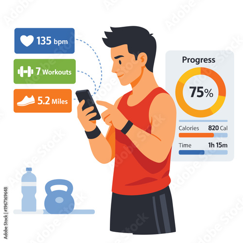 Fitness Tracker Young Man With Phone With Water Bottle
