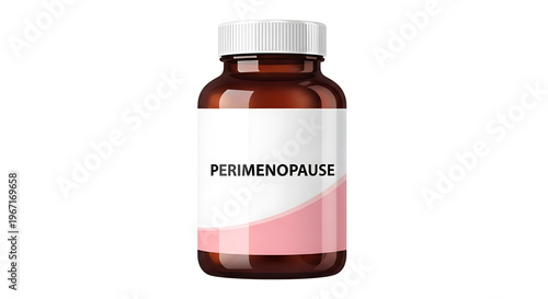A brown glass bottle with a white label and pink accents representing perimenopause supplements
