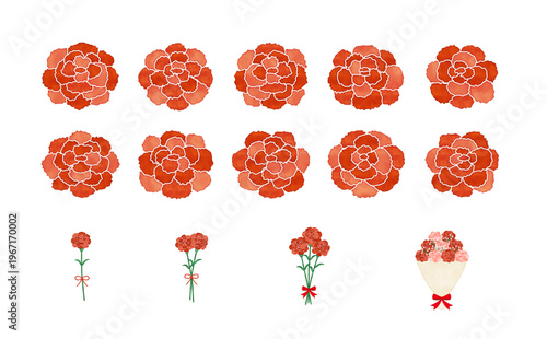 水彩タッチの赤いカーネーション素材集 ナチュラルなフラワーデザインパーツ
