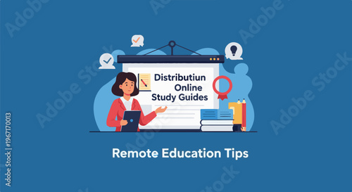 Woman presenting online study guides for remote education, surrounded by educational elements