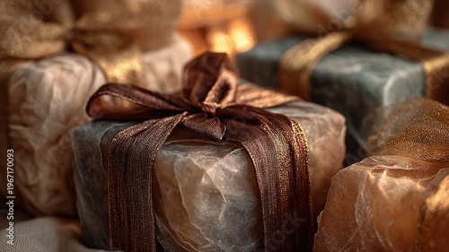Wrapped Elegant Gifts with Satin Ribbons in Soft Lighting