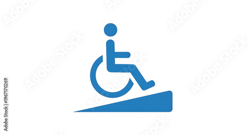 A blue icon of a person in a wheelchair on a ramp, symbolizing accessibility and inclusivity