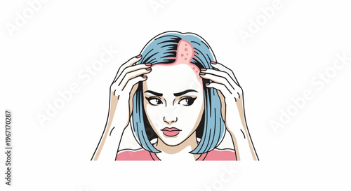 Woman with blue hair touching her inflamed scalp, looking concerned