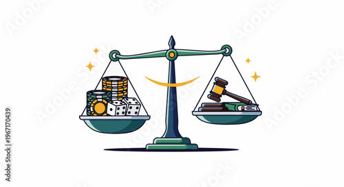 A balance scale weighs casino chips and dice against a gavel and law books