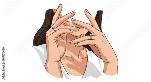 Close-up on hands with rings, face partially hidden, white background