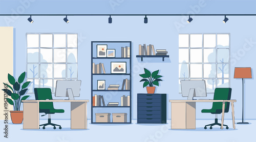 Modern office interior with two workstations, computers, and minimalistic design