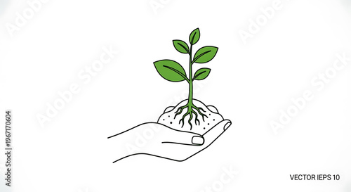 A minimalist vector illustration of a hand nurturing a small green plant with roots and soil, symbolizing growth and care.