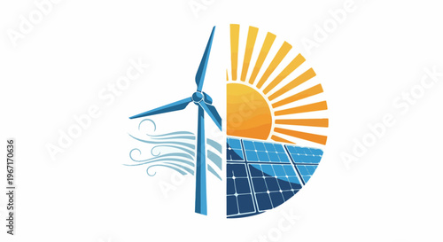Renewable energy symbols wind turbine, sun, and solar panels