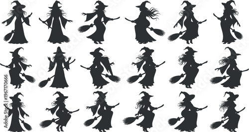 Flying witch silhouettes, black vector illustration set, Halloween magic characters, women riding broomsticks, isolated icons on a solid white background.