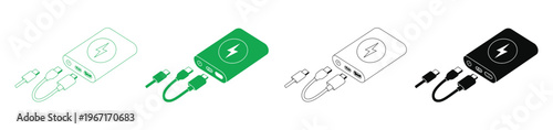 Four color variations of a portable charger icon with cables vector illustration