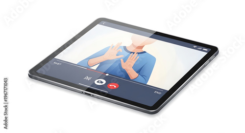 A tablet displaying a video call with a person signing in American Sign Language