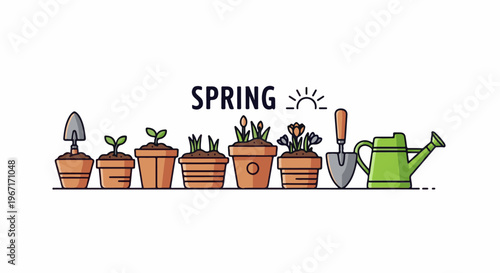 Gardening sequence potted sprouts, blooming flowers, tools, and watering can