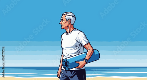 Elderly man with yoga mat on beach by ocean