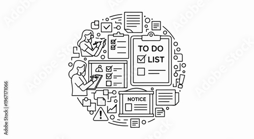 Circular composition of doodle-style icons depicting tasks and organization