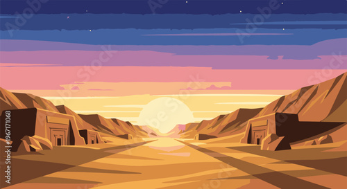 Pixel art desert landscape with ancient structures at sunset