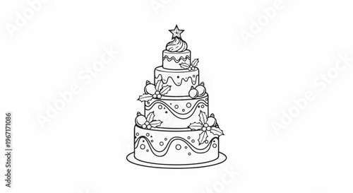 A layered, decorative cake with festive holiday ornaments and a star topper