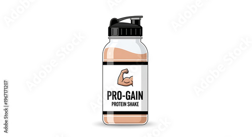 A vector graphic illustration of a protein shake bottle with a black lid and label