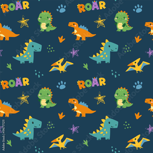 Vector seamless dinosaur pattern. Childish character print for kids fabric, children design, nursery textile and wallpaper