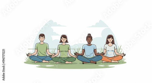 Four diverse people meditating outdoors in a peaceful, natural setting