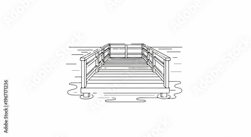 A simple line drawing of a wooden pier extending into water