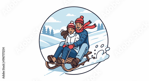 Couple sledding downhill in a winter landscape