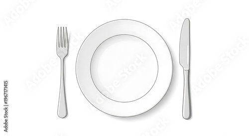 A minimalist vector graphic of a place setting with a plate, fork, and knife on a white background