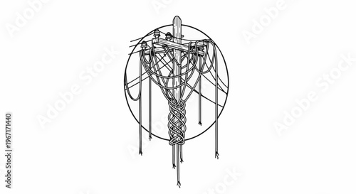Detailed illustration of a wooden utility pole with complex wiring and knotting