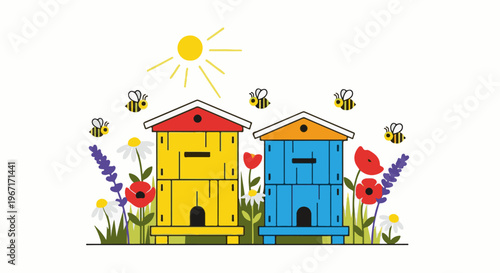 Colorful beehives and buzzing bees in a vibrant summer garden scene