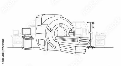 Medical scanner with patient bed, computer console, IV stand, and equipment cart