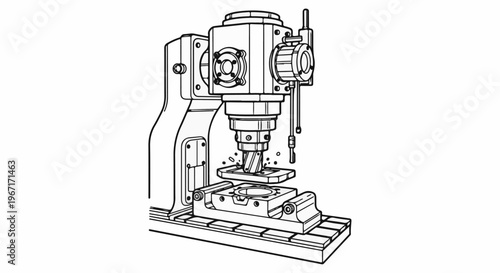 Detailed line drawing of a milling machine with a rotating cutting tool