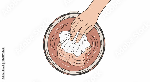 Hand wiping something in a round container with liquid