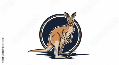 A stylized kangaroo stands in front of a dark circular emblem with outline details