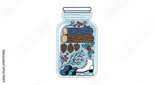 Jar with winter elements logs, pinecones, holly, ice skate, berries, branches