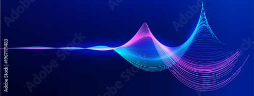 AI Data Line Network Technology Background, Music Sound Wave, Abstract Stream Energy Flow. Dynamic Neural Biotech Science Backdrop. Futuristic Digital Intelligence Effect Concept. Vector Illustration