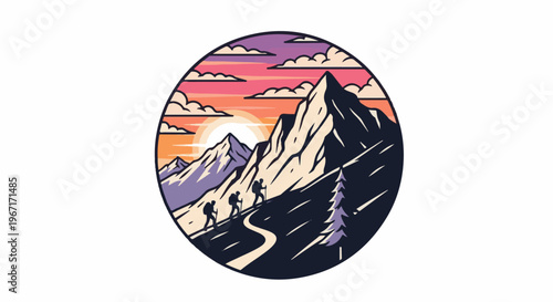 Hikers ascend a mountain path at sunset with a vibrant sky