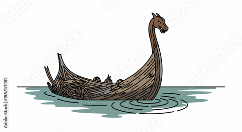 Illustration of a Viking longship with a dragon head prow on water
