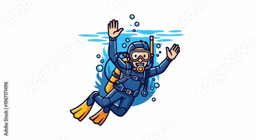 Joyful diver underwater with bubbles, fins, mask, and gear