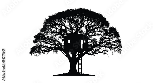A large tree with a treehouse nestled within its branches silhouette