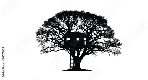 A detailed treehouse nestled within a large tree presented as a silhouette