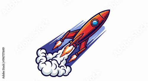 A vibrant cartoon rocket blasts off with fiery exhaust and trailing smoke