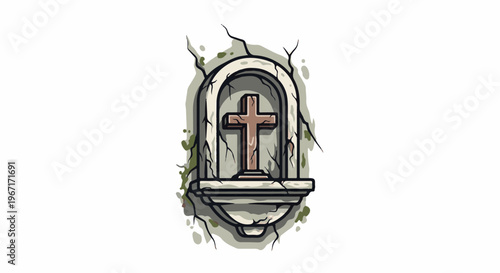 A weathered stone niche holds a weathered wooden cross