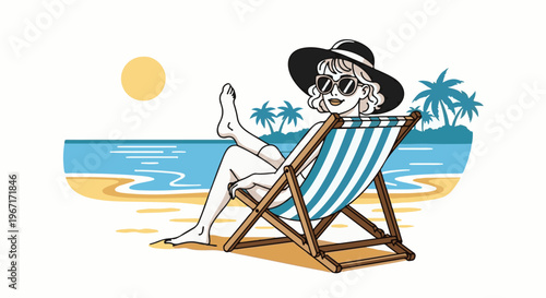 Relaxing woman in a beach chair on a sunny day with palm trees