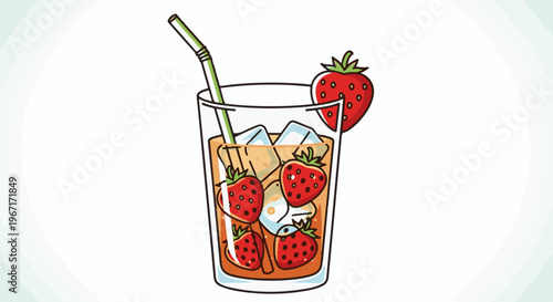 Refreshing strawberry iced drink with straw and ice cubes